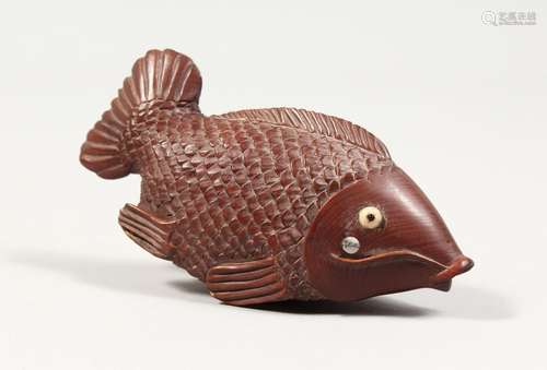 AN UNUSUAL CARVED WOOD CARP with a magnifying glass and comp...