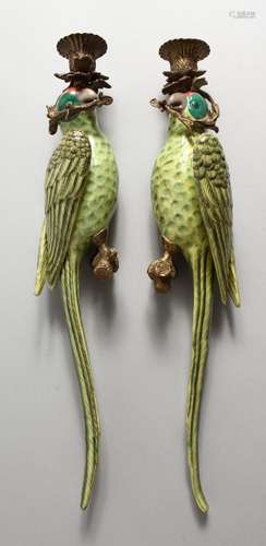 A PAIR OF PORCELAIN PARROT WALL SCONCES, with ormolu mounts....