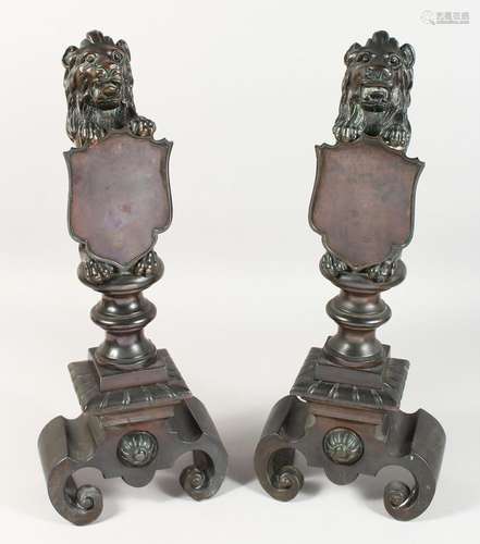 A SUPERB PAIR OF 19TH CENTURY BRONZE ANDIRONS with lion hold...