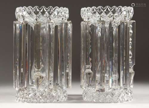 A GOOD PAIR OF CRYSTAL LUSTRES WITH PRISM DROPS. 9.5ins high...