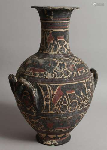 A LARGE EARLY GREEK TWO-HANDLED POTTERY VASE. 15ins high.