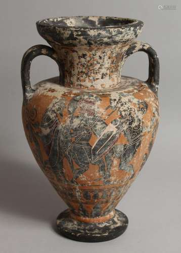 AN EARLY GREEK TWO-HANDLED POTTERY VASE. 12ins high.