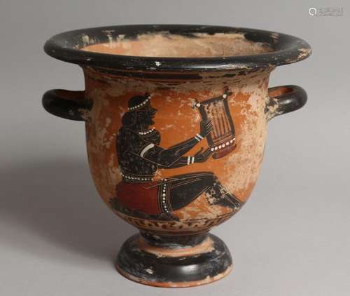 AN EARLY GREEK TWO-HANDLED POTTERY VASE. 7.5ins high.