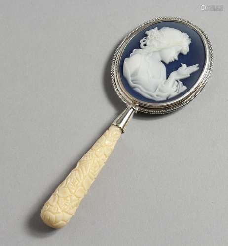 A SILVER CAMEO HAND MIRROR.