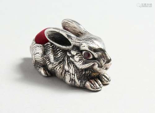 TWO SILVER RABBIT PINCUSHIONS.