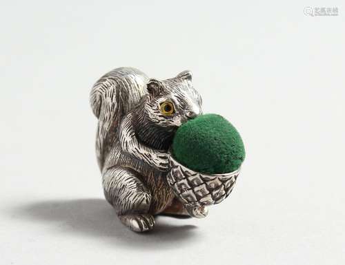 TWO SILVER SQUIRREL PINCUSHIONS.