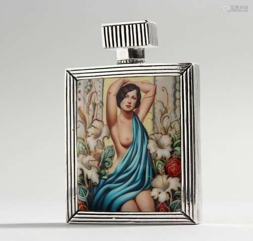 A WHITE METAL AND ENAMEL PERFUME BOTTLE.