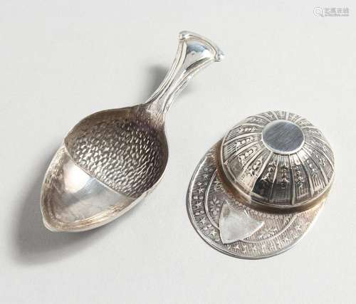 TWO NOVELTY SILVER CADDY SPOONS.