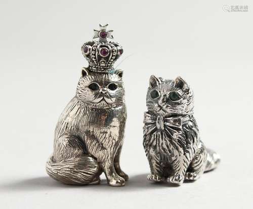 TWO SILVER CAT FIGURES.