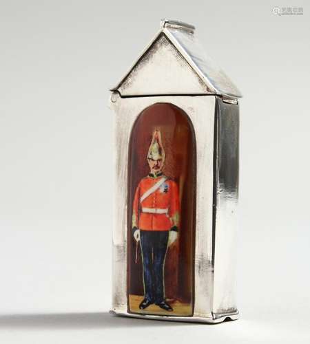 A SILVER SENTRY BOX VESTA with enamel of a cavalier.