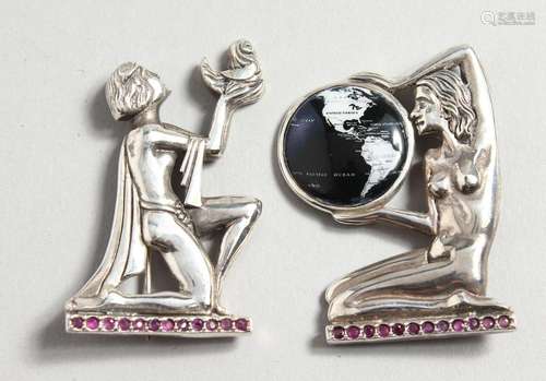 TWO SILVER RUBY SET DECO BROOCHES.