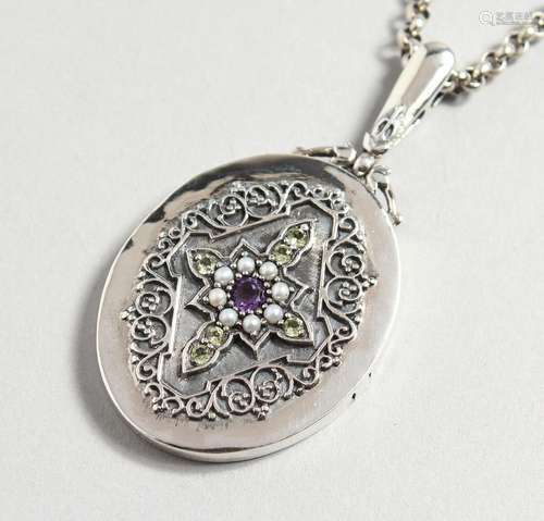 A SILVER LOCKET on a chain.