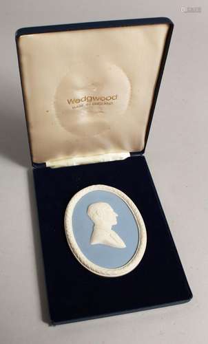 A WEDGWOOD BLUE AND WHITE JASPER WARE OVAL PLAQUE, The Duke ...