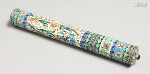 A GOOD RUSSIAN SILVER AND ENAMEL TUBE CIGAR HOLDER Mark; 84,...