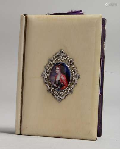 AN IVORY PURSE with enamel portrait of a lady and blue inter...