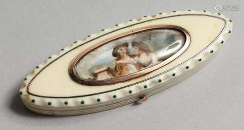 A GEORGIAN IVORY SHAPED PATCH BOX, the top with a portrait. ...