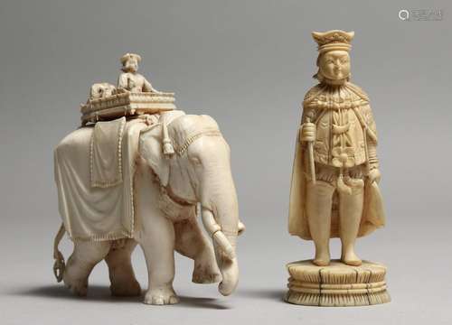 TWO EUROPEAN CARVED IVORY CHESS PIECES, king and rook. King ...