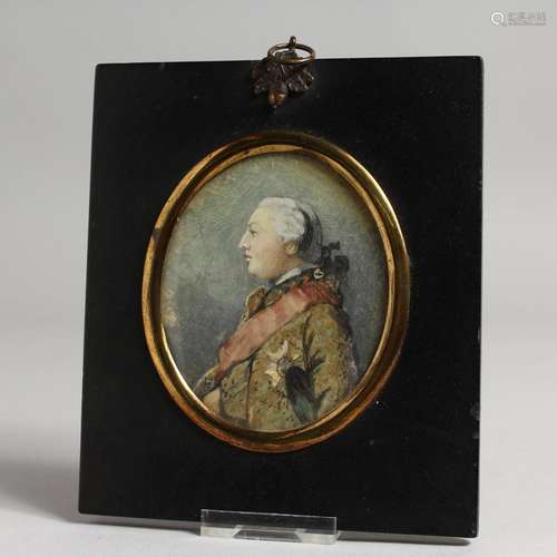 A FRAMED OVAL PORTRAIT OF, POSSIBLY, GEORGE IV. Watercolour....