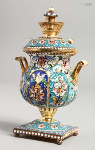 A GOOD SMALL RUSSIAN SILVER AND CLOISONNE ENAMEL SAMOVAR wit...