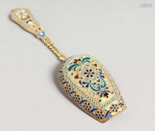 A RUSSIAN SILVER AND CLOISONNE ENAMEL SPOON. 6ins long.