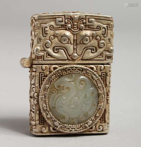 A CHINESE GILT METAL AND JADE LIGHTER.