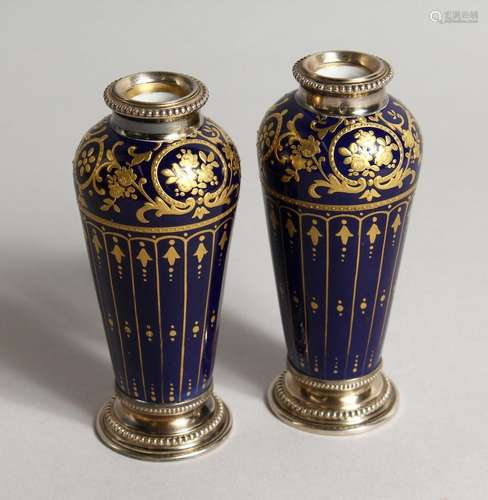 A SUPERB SMALL PAIR OF LIMOGES GILT DECORATED AND SILVER VAS...