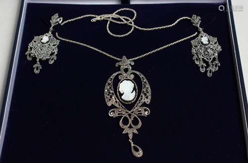 A SILVER MARCASITE CARVED MOTHER-OF-PEARL CAMEO NECKLACE AND...