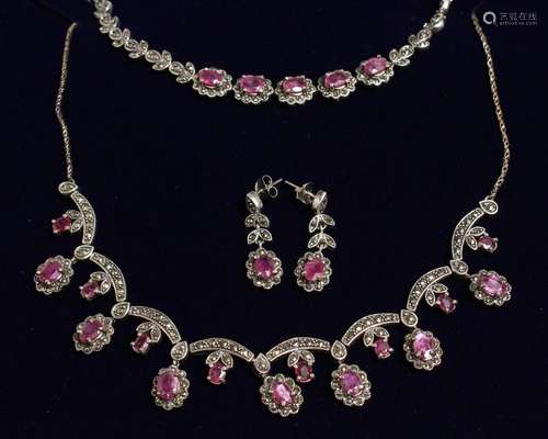 A SILVER MARCASITE RUBY SET FOUR PIECE, NECKLACE, BRACELET A...