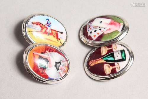 A PAIR OF SILVER AND ENAMEL FOUR VICES CUFFLINKS.