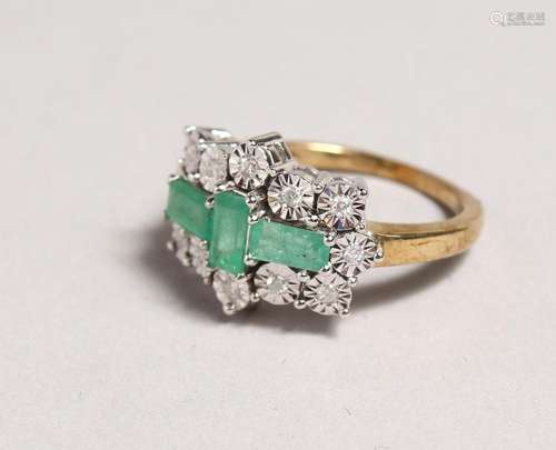 A GOOD 9CT GOLD, DIAMOND AND EMERALD RING.