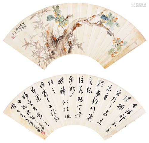 江寒汀（1903—1963）
张石园（1898-1959） 花卉书法无骨 设色纸本