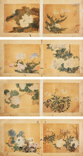 汤禄名（1804-1874） 花卉八开 设色绢本