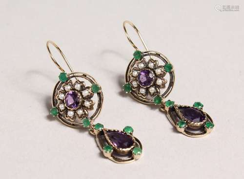 A GOOD PAIR OF SURROGATE COLOURED EMERALD, AMETHYST AND PEAR...