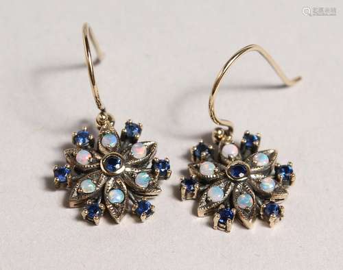 A GOOD PAIR OF 9CT GOLD, OPAL AND SAPPHIRE EARRINGS.