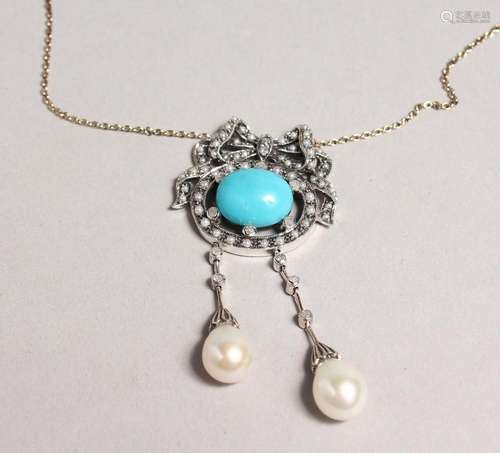 A GOOD 9CT GOLD AND SILVER TURQUOISE SET NECKLACE with pearl...