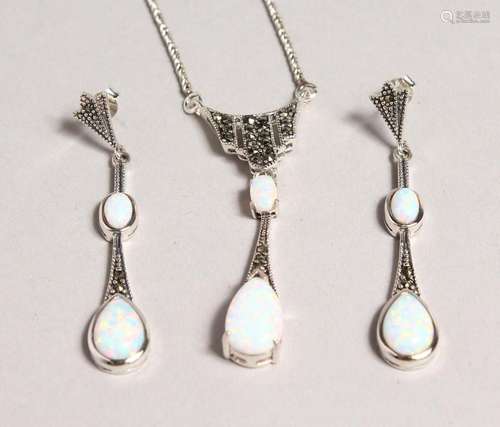 A SILVER MARCASITE AND OPAL SET NECKLACE AND EARRINGS.