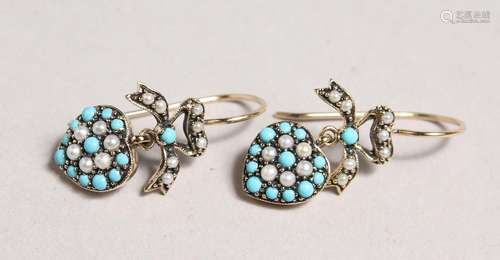 A PAIR OF 9CT GOLD, TURQUOISE AND PEARL HEART SHAPED DROP EA...