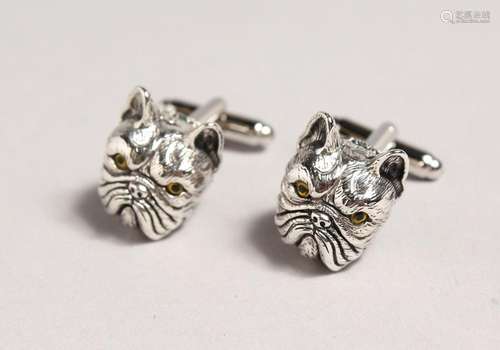 A PAIR OF SILVER BULLDOG CUFFLINKS.