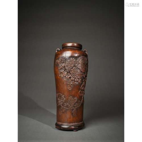 19世紀 竹雕澹菊圖雙繫瓶