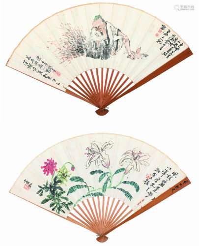 1865～1955 1904～1996 黄宾虹 沈子丞 老翁担柴·花卉 纸本 成扇