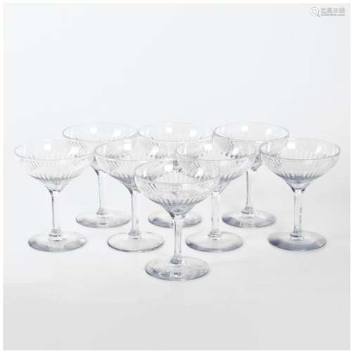 SET OF EIGHT FRENCH CHAMPAGNE GLASSES, 1940'S.