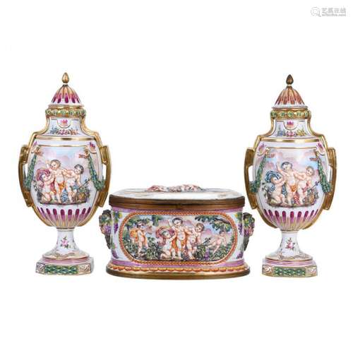 SET OF LARGE BOX AND PAIR OF ITALIAN CAPODIMONTE VASES, LATE...