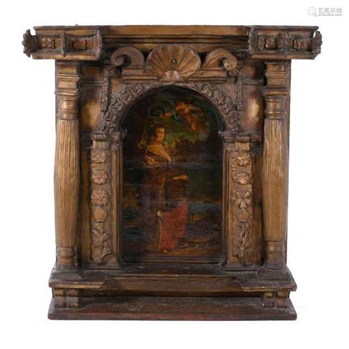 17TH CENTURY SPANISH SCHOOL. Chapel in carved wood with flor...