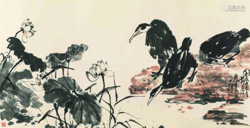 1889～1990 萧龙士 莲塘水禽 纸本 镜片