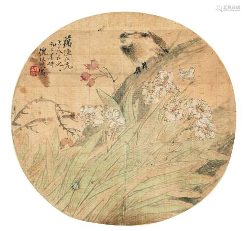 1855～1919 倪田 花鸟 绢本 镜片