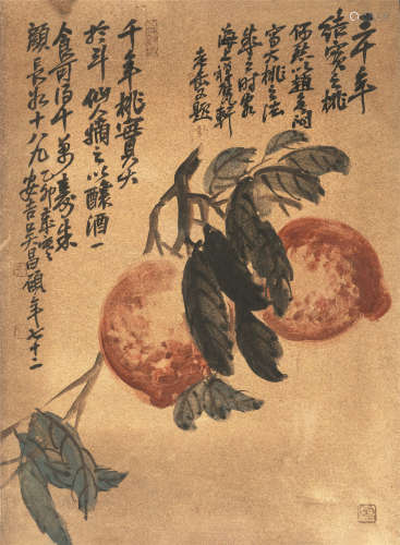 1844～1927 吴昌硕 寿桃 泥金 镜框