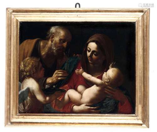 Sacra Famiglia con angelo Scuola romana del XVII secolo