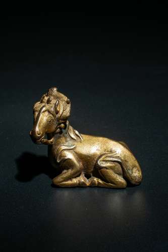 Qing Dynasty Bronze Gold Gilded Sheep-Shaped Paperweight, Ch...