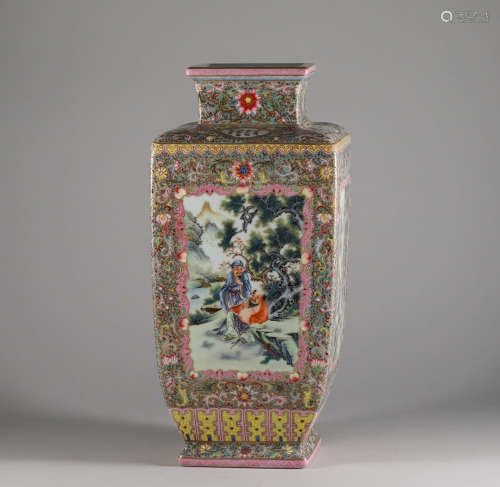 Qing Dynasty - Square Vase with Famille Rose Figure