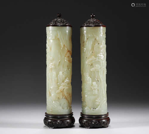 Qing Dynasty - A Pair of Hetian Jade Fragrant Tubes